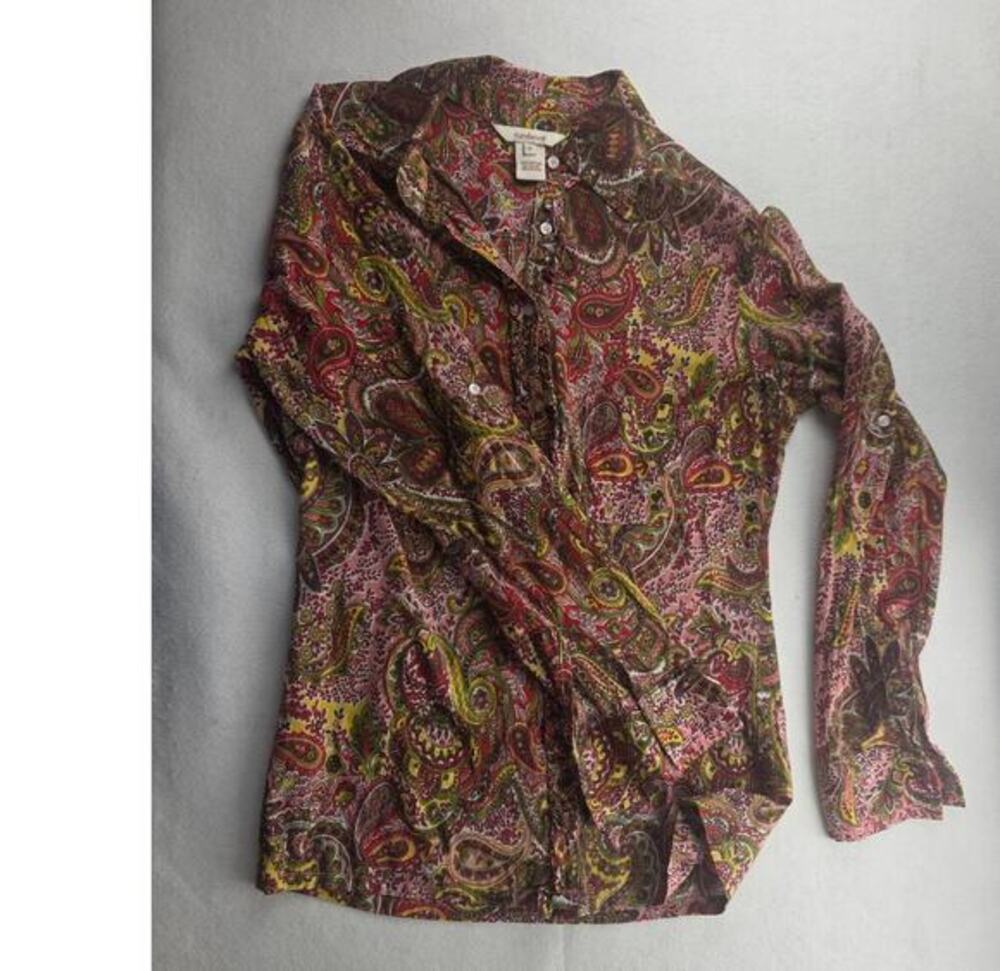 Sundance Cotton Red Floral Button Down Blouse Size Small